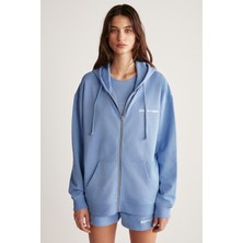 Grimelange Ametıs Kadın Örme Oversize Kapüşonlu Fermuarlı Yazi Detaylı Mavi Sweatshirt