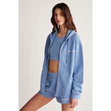 Grimelange Ametıs Kadın Örme Oversize Kapüşonlu Fermuarlı Yazi Detaylı Mavi Sweatshirt