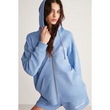 Grimelange Ametıs Kadın Örme Oversize Kapüşonlu Fermuarlı Yazi Detaylı Mavi Sweatshirt