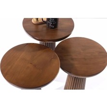 Wood Wooden 3’Lü Set Fitilli Mantar Yan Sehpa Modern Koyu Ceviz Renk Fiskos