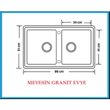 Meyesin Granit Evye Gri Çift Gözlü Mutfak Evyesi 86 x 50 Cm