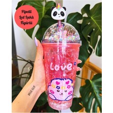 Home Dekor Hediye Pipetli Buzlu Cam Görünümlü LED Işıklı Pembe 450 ml Çift Katman Mika Pembe Çılgın Suluk 2093