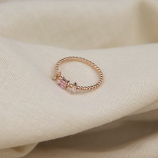 Giby Jewel Kare ve Baget Taşlı Kolları Toplu 925 Ayar Minimal Rose Gümüş Yüzük