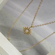 Alsem 925 Ayar Gümüş Güneş ve Kolye Gold , Güneş Motifli Gold Kolye , Ince Zincir Gold Güneş Kolye