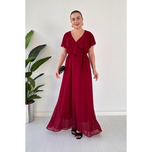 Mazi Butik Volan Yaka Maksi Şifon Elbise Bordo