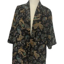 Hayalet Özel Tasarım Kadife Kimono Tarzı Ceket- Sarı Boteh