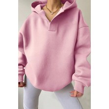Trendseninle Kadın Pembe Relax Yaka Detay Oversize Kapüşonlu Sweatshirt