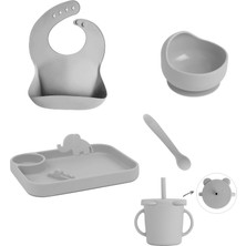 Meleni Baby 5'li Silikon Beslenme Seti - Bebek Mama Önlüğü - Tabak - Vakumlu Kase - Pipetli Bardak - Kaşık-Gri