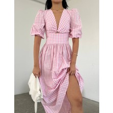 Tash Butik Pembe Pötikare Poplin Uzun Elbise