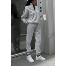 Trendseninle Kadın Gri Fermuar Detay Dik Yaka Alt Üst Eşofman Takım