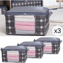 Nacarev 3 Adet Küçük Boy Pencereli Kare Desenli Ekose Gri Dolap Içi Baza Altı Valiz Içi Düzenleyici Hurç Seti 40X30X20 cm