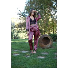 Sialess Lingerie A+ Kalite  4 Parça Kiremit Çizgili Saten Uzun Kol Kemer Bustiyerli Bağlamalı Çeyiz Gecelik Sabahlık - 2017