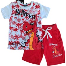 Urz Kids Erkek Çocuk Kırmızı Beyaz Yazlık Şort Takım Erkek Çocuk Dinozor Baskılı Yazlık Alt Üst Takım