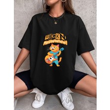 Lepiska Gitar T-Shirtü - Gitar Çalan Kedi T-Shirtü - Rock'n Meow Yazılı T-Shirt - Gitar ve Kedi Severler Için T-Shirt