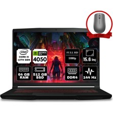 Msı Thın GF63 Intel Core I5 12450H 64GB 512GB SSD RTX4050/6GB W11H 15.6" Fhd 144Hz 12VE-082XTR-A26 Taşınabilir Bilgisayar & Anzar Mouse