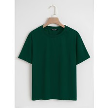 Softway Unisex Oversize Bisiklet Yaka Düz Basic T-Shirt - Koyu Yeşil