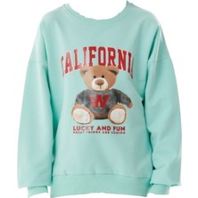 İrem Çocuk Giyim Kız Çocuk California Yazı Ayıcık Desenli Su Yeşili Sweatshirt