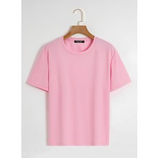 Softway Unisex Oversize Bisiklet Yaka Düz Basic T-Shirt - Pembe