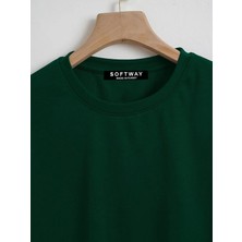 Softway Unisex Oversize Bisiklet Yaka Düz Basic T-Shirt - Koyu Yeşil