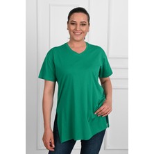 Moda Xlarge Kadın V Yaka Yırtmaçlı Büyük T-Shirt 1199-22