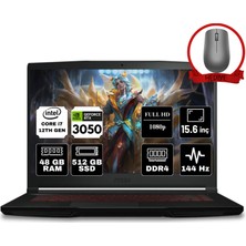 Msı Thın GF63 Intel Core I7 12650H 48GB 512GB SSD RTX3050 15.6" Fhd 144Hz W11H Taşınabilir Bilgisayar 12UC-666XTR-A12 & Anzar Mouse