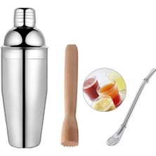 Adin Tasarım Kokteyl Seti 3lü Shaker 350 ml Çelik Ahşap Mojito Tokmağı Süzgeçli Pipet Kokteyl Kaşığı Seti