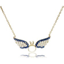 Osmanlı Gümüş Sarı Lacivert Tektaşlı Kanatlı Altın Kaplama Bayan Gümüş Kolye