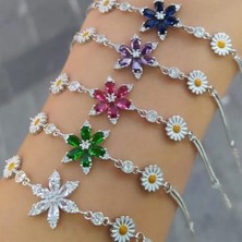 Osmanlı Gümüş Papatyalı Nergis Çiçeği Zirkon Taşlı Bayan Gümüş Bileklik-Yeşil