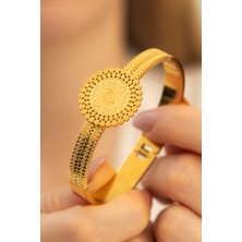 Osmanlı Gümüş Kadın Bileklik - 22 Ayar Gerçek Altın Kaplama (Kararmaz) Kadın Kelepçe Yaprak Işlemeli