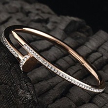 Osmanlı Gümüş Kadın Çelik Bileklik - Rose Zirkon Taşı Işlemeli Çivi Model Çelik Bileklik