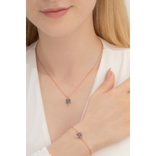 Osmanlı Gümüş Kadın Gümüş Set - Rose Mistik Topaz Yonca Model Kolye Bileklik Gümüş Set