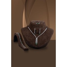 Osmanlı Gümüş Berva Bayan Zümrüt Taşlı Gümüş Su Yolu Set - Kolye, Bileklik, Küpe, Yüzük