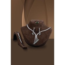 Osmanlı Gümüş Celena Bayan Zümrüt Taşlı Gümüş Su Yolu Set - Kolye, Bileklik, Küpe, Yüzük