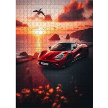 Tablomega Ahşap Mdf Puzzle Yapboz Gün Batımı ve Kırmızı Spor Araba 500 Parça 50*70 cm