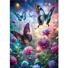 Ekart Ahşap Mdf Puzzle Yapboz Mavi Kelebekler ve Çiçekler 120 Parça 25*35 cm