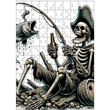 Karizma Tablo Ahşap Mdf Puzzle Yapboz Bira Içen Korsan Iskelet ve Oltası 120 Parça 25*35 cm