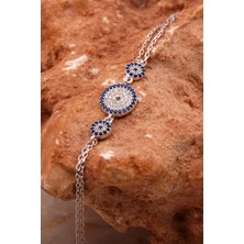 Sümer Telkari Nazar Boncuklu Üçlü Rodyumlu Gümüş Bileklik 4619