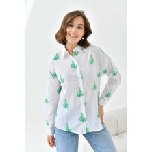 Parkkaron Kadın Yeşil Çiçek Nakış Işlemeli Ince Pamuk Gömlek