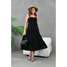 Parkkaron Kadın Siyah Kalın Askılı Drapeli Gipeli Dokuma Elbise