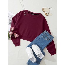 Kadın Basic Crop Içi Polarlı Oversize Sweatshirt - Bordo