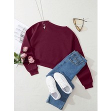 Kadın Basic Crop Içi Polarlı Oversize Sweatshirt - Bordo