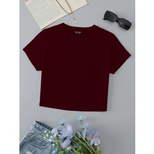 Softway Kadın Kısa Kollu Basic Dar Kalıp Crop T-Shirt - Bordo