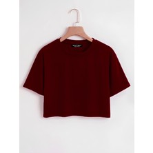 Softway Kadın Oversize Bisiklet Yaka Düz Crop T-Shirt - Bordo