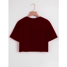 Softway Kadın Oversize Bisiklet Yaka Düz Crop T-Shirt - Bordo