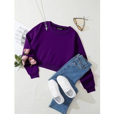 Kadın Basic Crop Içi Polarlı Oversize Sweatshirt - Mor