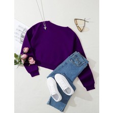 Kadın Basic Crop Içi Polarlı Oversize Sweatshirt - Mor