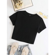 Softway Kadın Kısa Kollu Basic Dar Kalıp Crop T-Shirt - Siyah