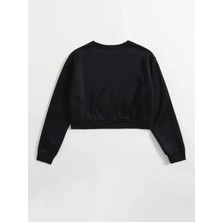 Kadın Basic Crop Içi Polarlı Oversize Sweatshirt - Siyah