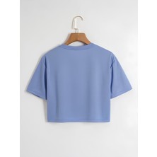 Softway Kadın Oversize Bisiklet Yaka Düz Crop T-Shirt - Mavi