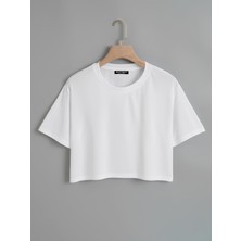 Softway Kadın Oversize Bisiklet Yaka Düz Crop T-Shirt - Beyaz